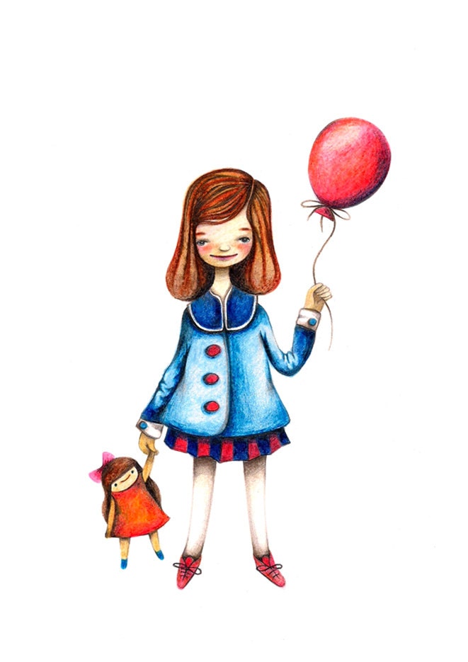 My Girl Children Colored Pencil Drawing Print Illustration Back To School Doll Balloon