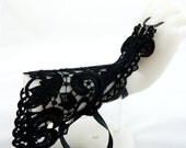 Black Lace Cuff Bracelet - Long Fabric Gothic Gauntlet - Victorian Mourning Inspired Jewelry - Ring & Corset Lacing Closure
