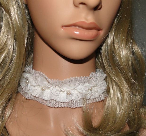 white pearl ruffle tulle chiffon ribbon headband necklace 2 way  -  choker collar necklace