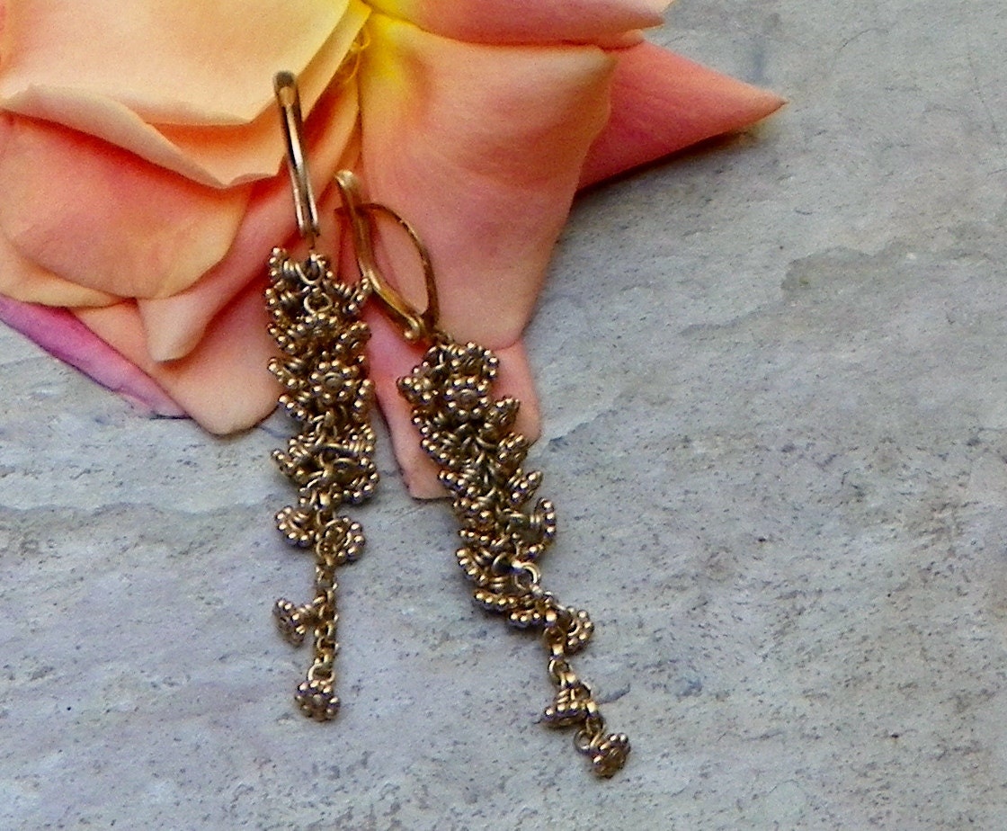 Golden Woodland Wisteria Flower Dangle Earrings