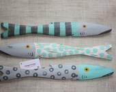 Three Hand Painted Fish Aqua Grays White Art Reclaimed Wood Beach Cottage Cabin Decor