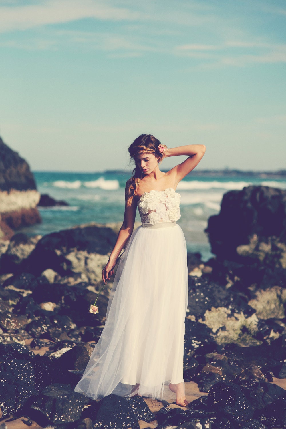 strapless lace wedding dress with handmade flowers applied over the bust, soft tulle skirt