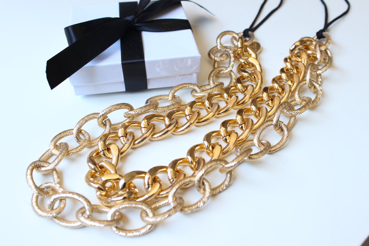 Double Layer Gold Chunky Curb & Textured Chain Necklace