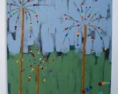 Original Acrylic Painting, 16x20, Fireworks, Trees, Abstract Landscape