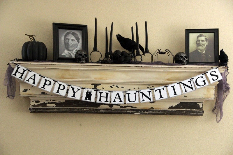 Halloween Banner Decoration - Happy Hauntings - Black - Photo Prop or Decoration - GreenJazzFace Halloween Banner Decoration - Happy Hauntings - Black - Photo Prop or Decoration - GreenJazzFace