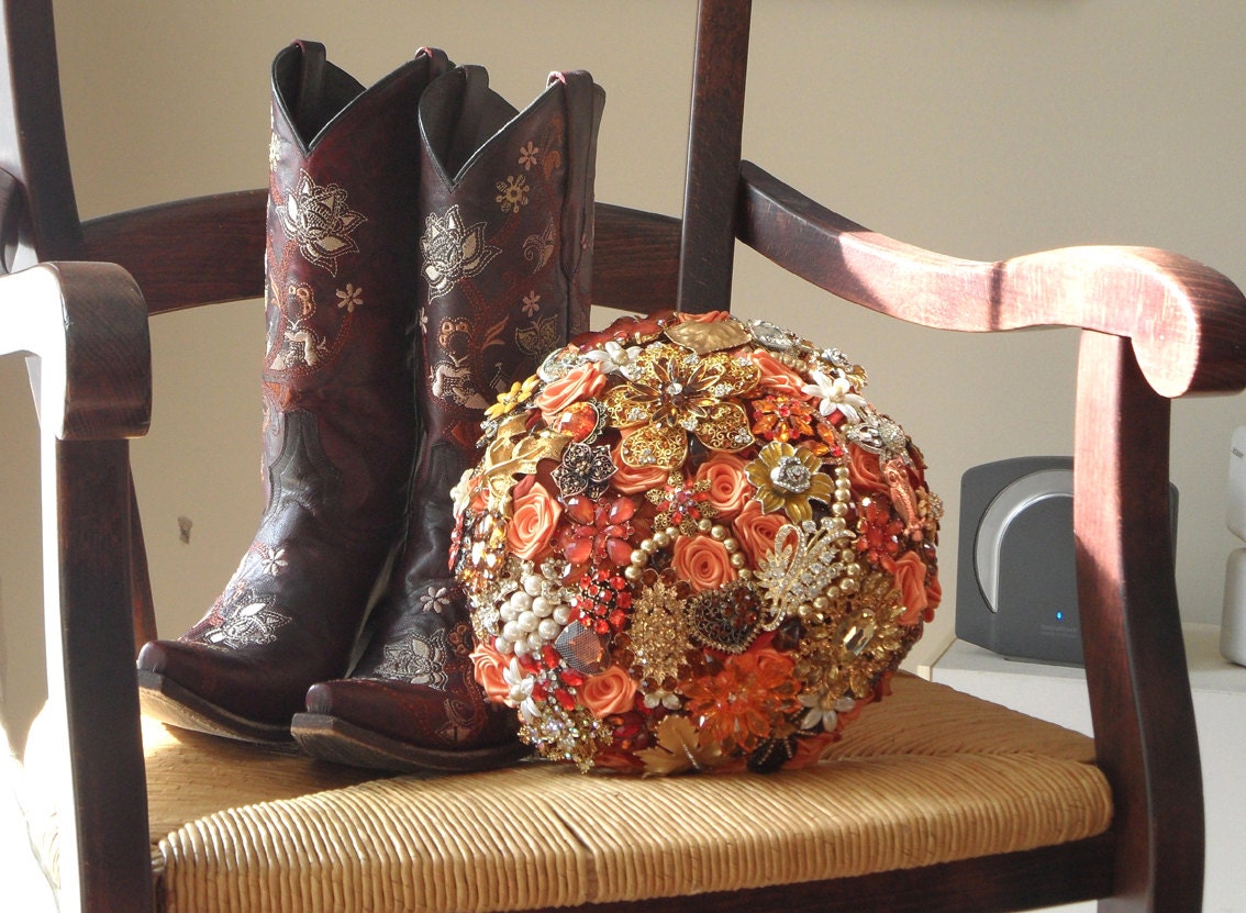 Burnt orange wedding Brooch Bouquet . DEPOSIT on a made to order Heirloom Broach bouquet