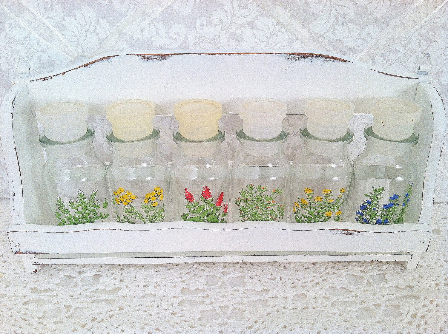 Farmhouse Antique Wood Spice Rack with Floral Bottles - Circa 1960's