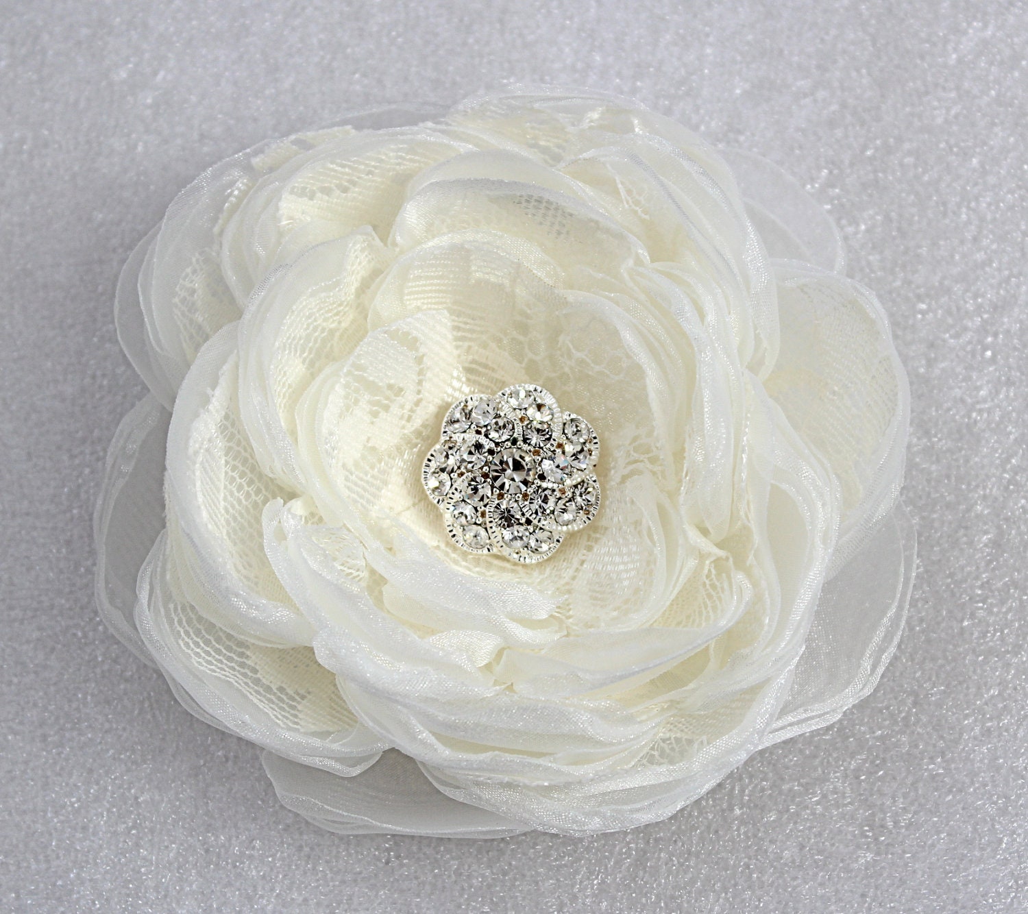 Large ivory wedding hair flower with rhinestone -wedding hair accessories -  ivory bridal hair clip