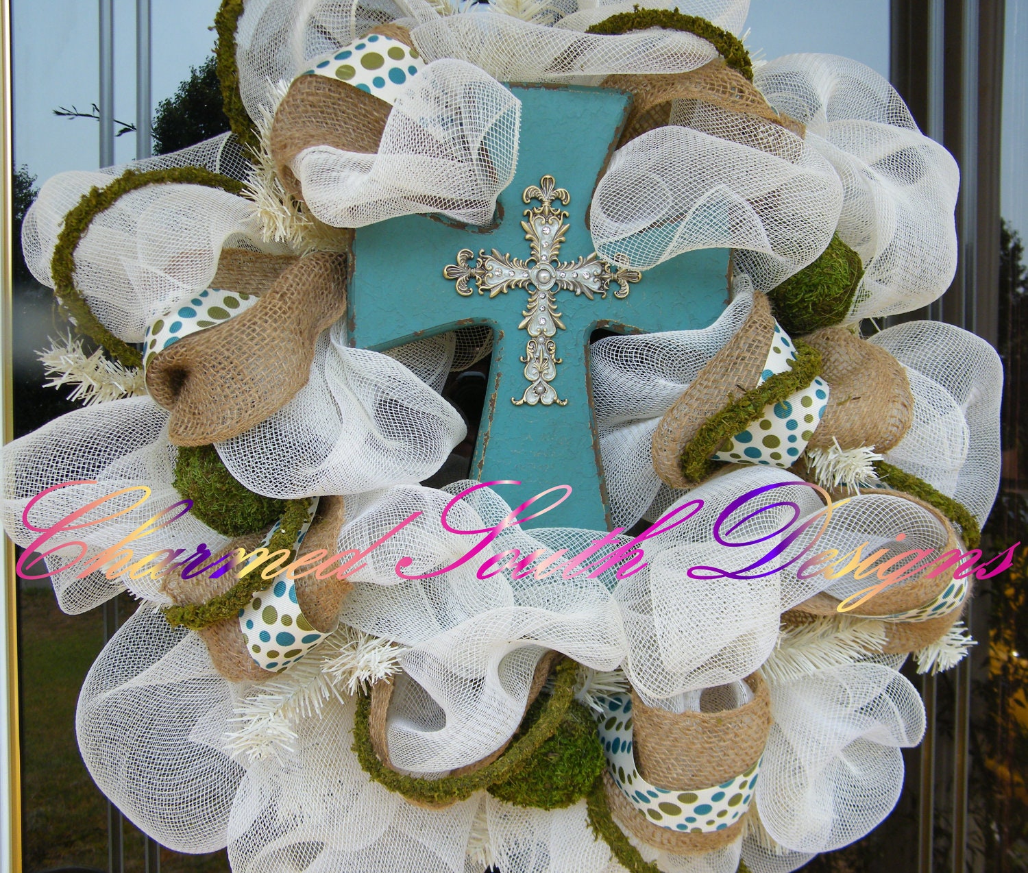 Turquoise and Cream Mesh Cross Wreath