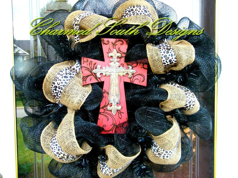 Leopard Burlap RED Cross Mesh Wreath