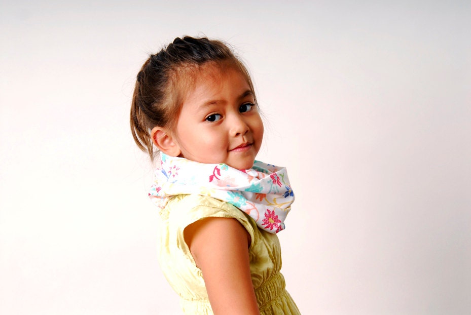 Floral Scarf for Girls White with Multi Colored Sketched Flowers