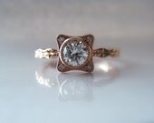 Diamond Engagement Ring Hand Engraved 14K Rose Gold Star Pattern Diamond Accents