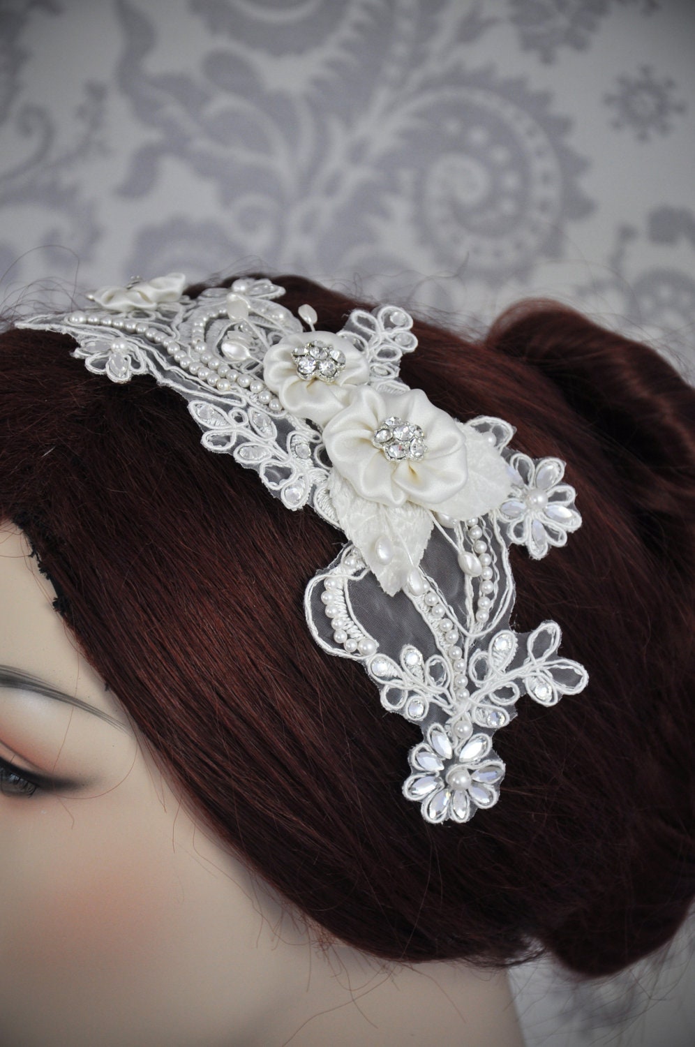 Lace Bridal Headband with Rhinestones and Pearls, Lace Hair Accessory, Bridal Hair Accessories with crystals and pearls