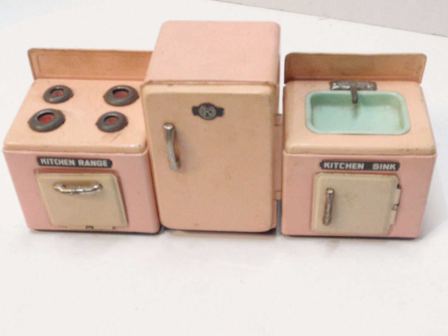 Super RARE Vintage 3 Piece Pink TIN Play Toy KITCHEN Set Japan Sink Stove Range Fridge Refrigerator