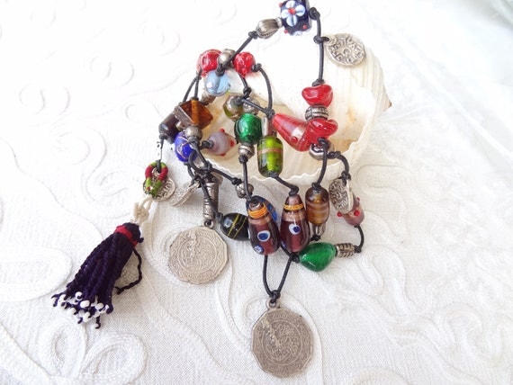 Afghan Bead Tassel Glass Beads Leather Rope Necklace or Belt-Authentic, Exotic Necklace, OOAK, Valentines,