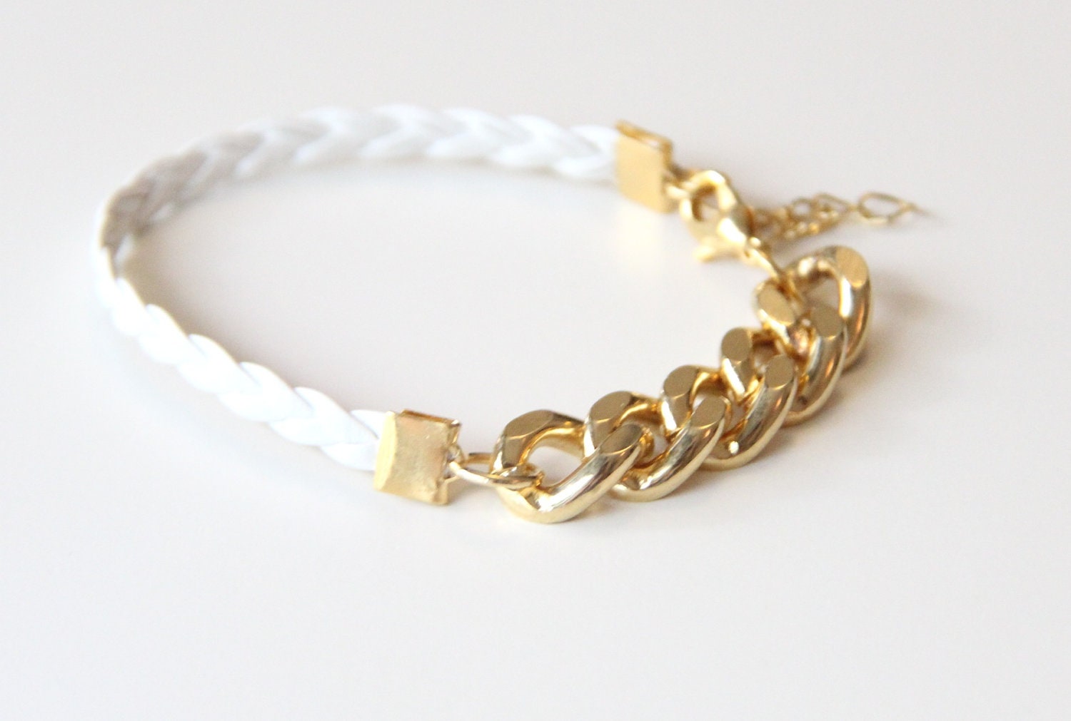 ON SALE: Arm Candy - Gold chunky chain with White leather braid Bracelet - 24k gold plated