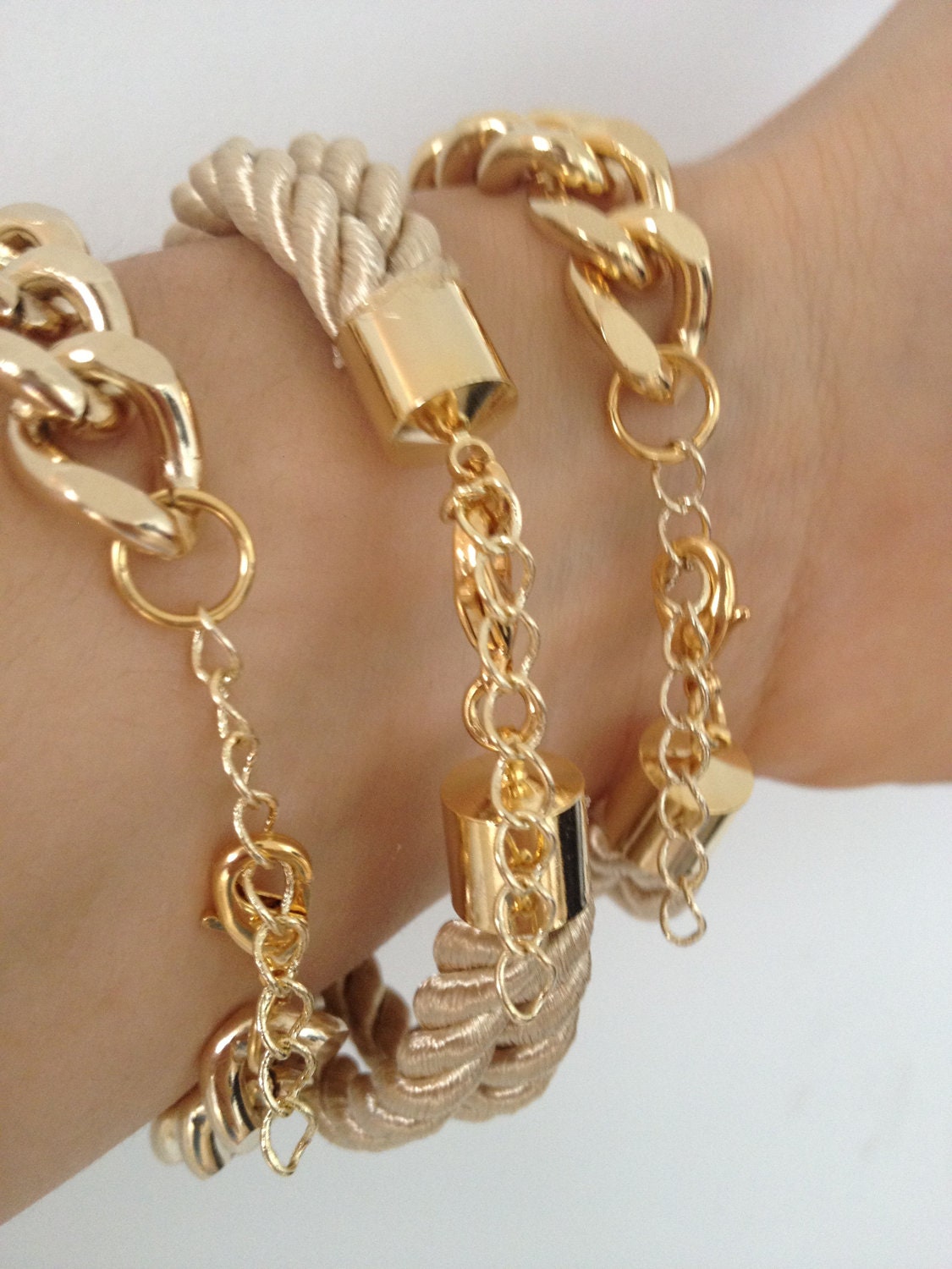Arm candy set - Chunky chain and Silk Bracelets - 24k gold plated
