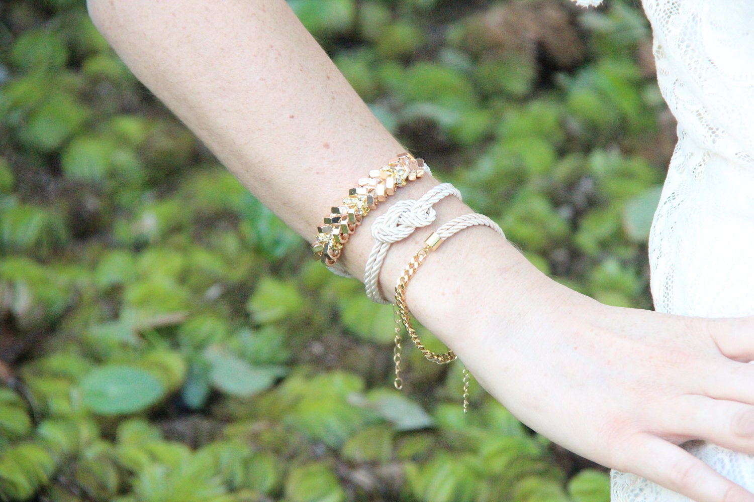 ON SALE: Bridesmaid gift - Small White silk Knot Bracelet - 24k gold plated