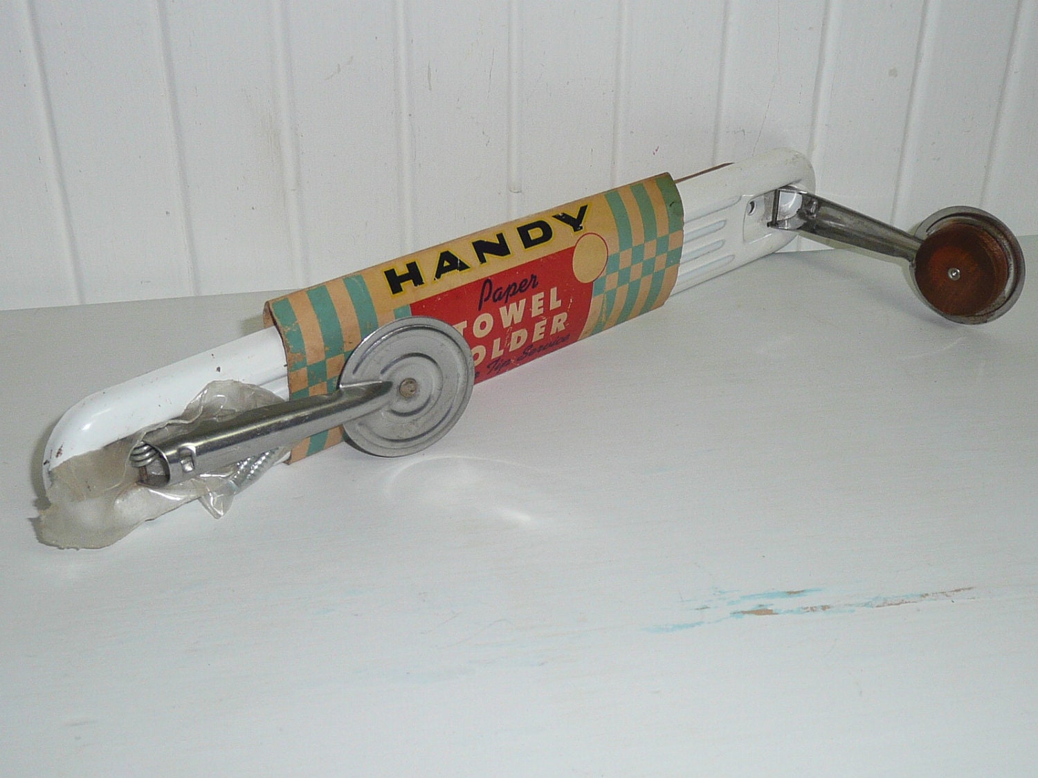 NOS Vintage Chrome and White Metal Paper Towel Holder, Art Deco, Handy Brand in Original Packaging - Vintage Travel Trailer and Home Decor