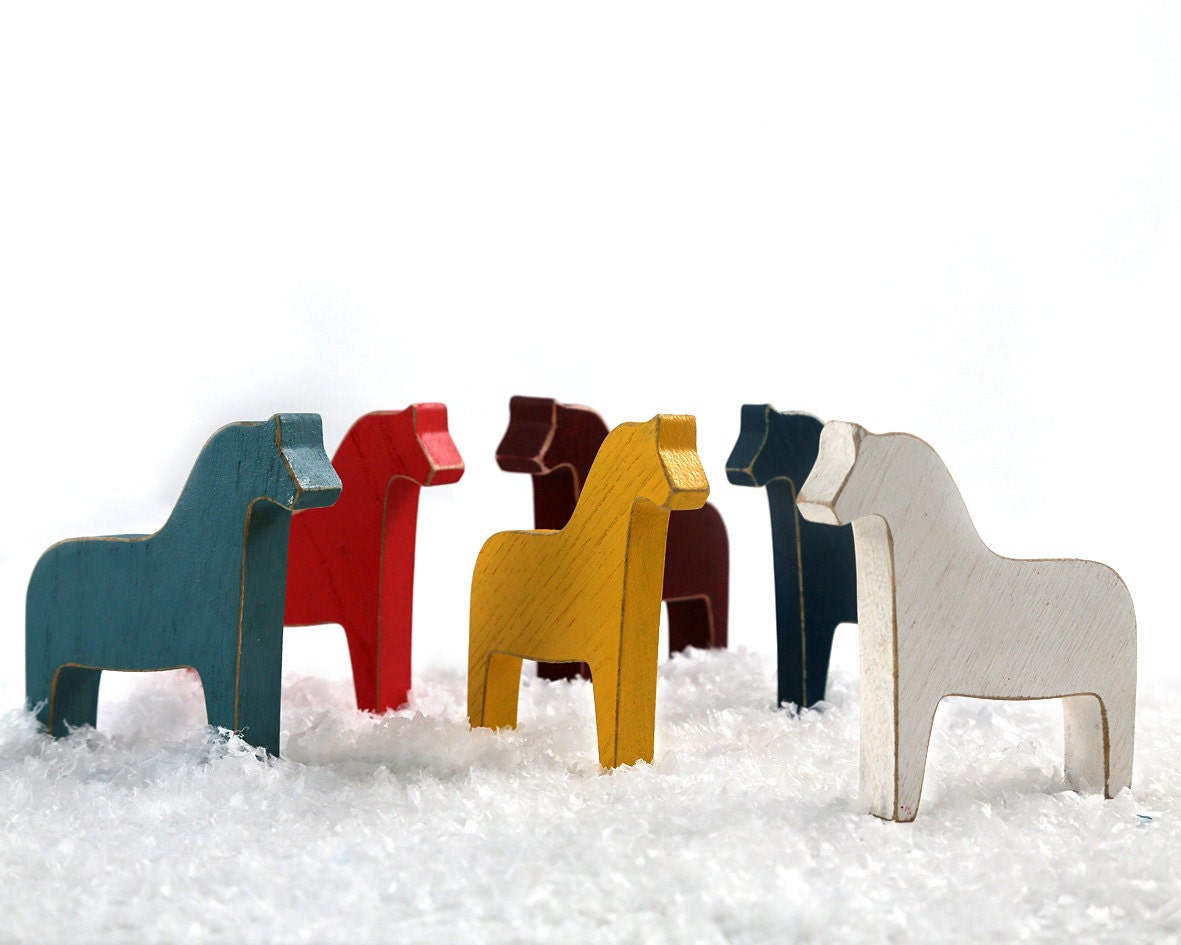 Scandinavian Dala horse wooden toys decor for Christmas, set of six