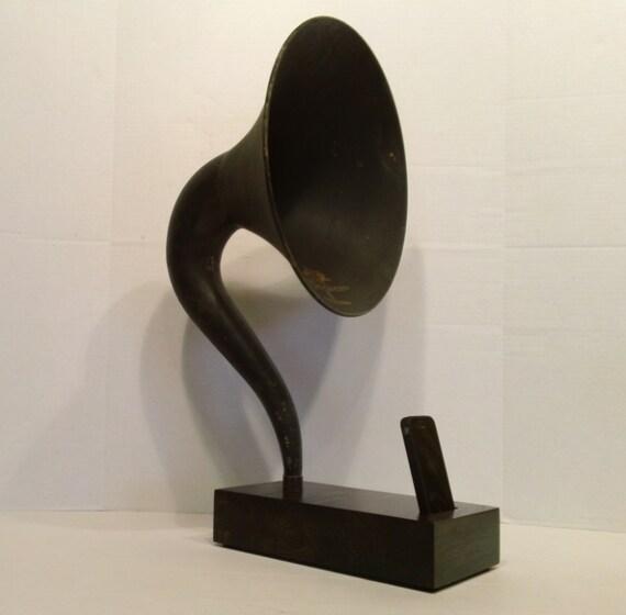 The Curved Magnavox Acoustic  iPhone Speaker Dock Utilizing a Vintage Antique   Gramophone Phonograph Horn -CUSTOM - MADE to ORDER-