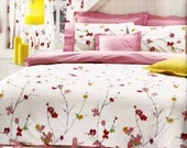 Custom King Size Pastel Pink Red  and Yellow  Floral Blossom Printed Bedding Set with Pink Sheet , Pillows and Shams