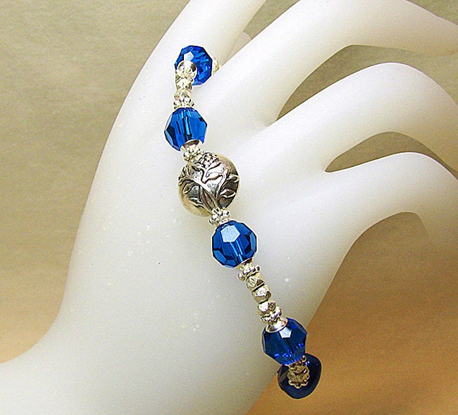 Cobalt blue crystal bracelet Sterling silver beaded bracelet Navy blue pearl bracelet Silver jewelry Crystal beaded jewelry Mothers Day