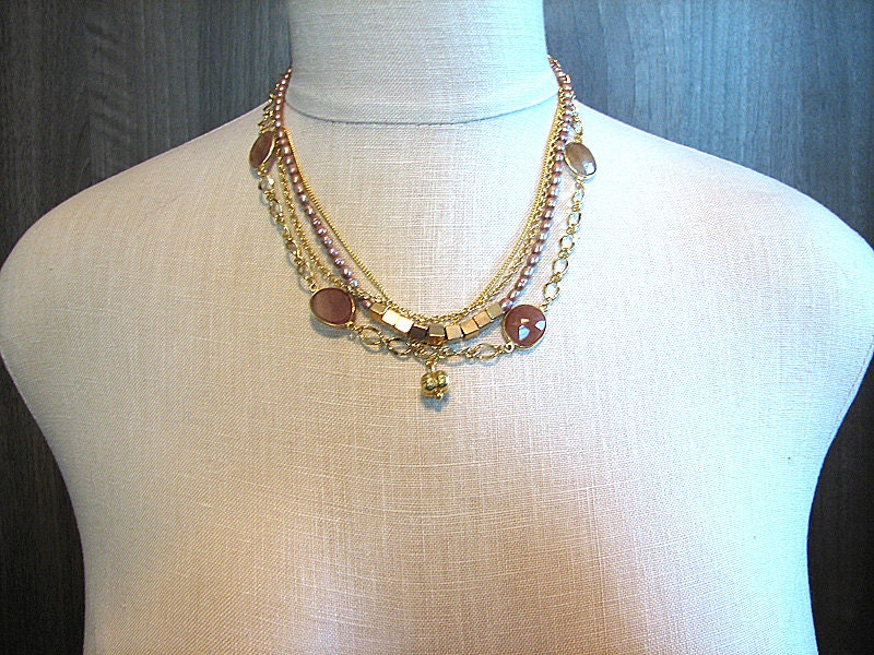Beaded gold chain necklace Multi strand necklace Layered necklace Taupe pearl and gold multistrand statement gemstone beaded jewelry