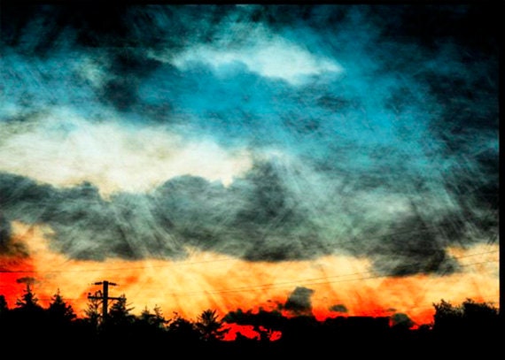 Colorful Landscape Print, Abstract Colorful Sky, Sunset, Blue Clouds, Dramatic Art, 5 x 7 Metallic Print