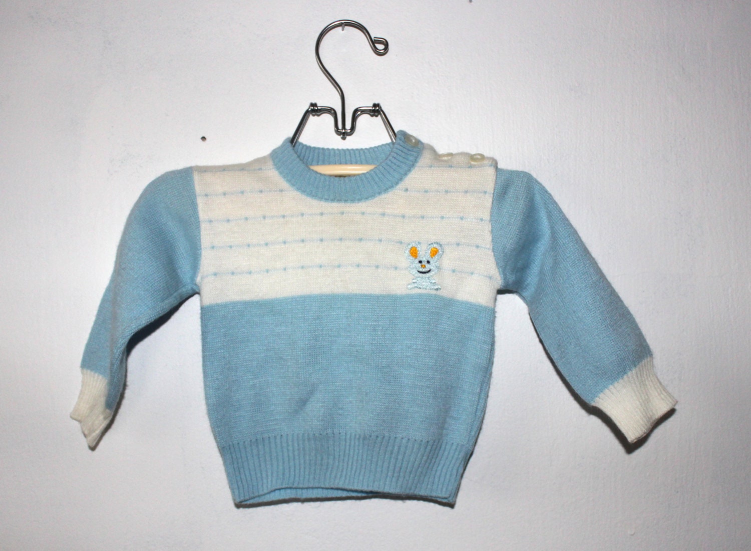 Vintage Baby Blue Sweater with Happy Mouse (12 Months)