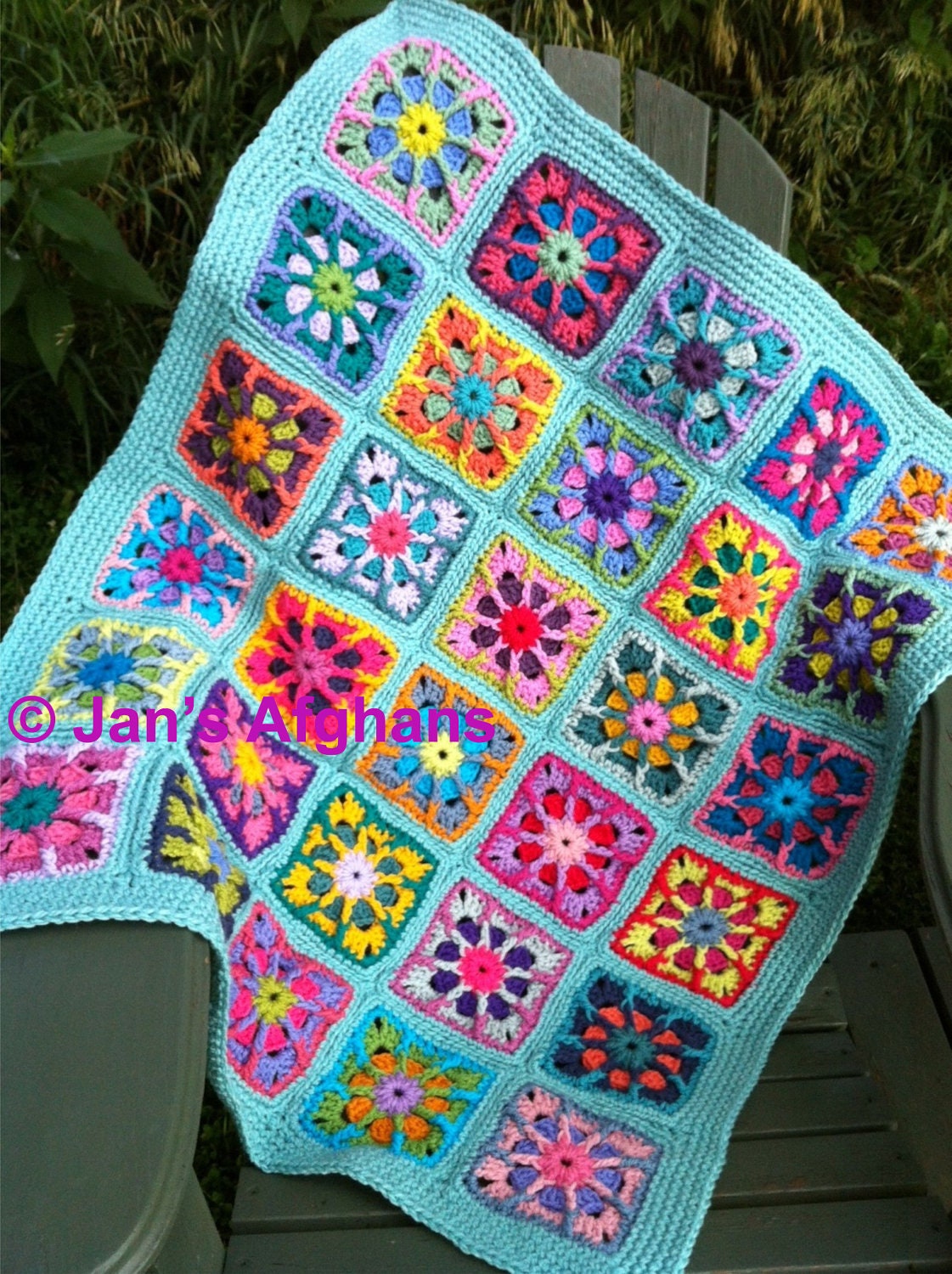Crocheted afghan kaleidoscope granny squares BABY afghan baby blanket 32"x36" combo 1 colors with seafoam border READY to SHIP