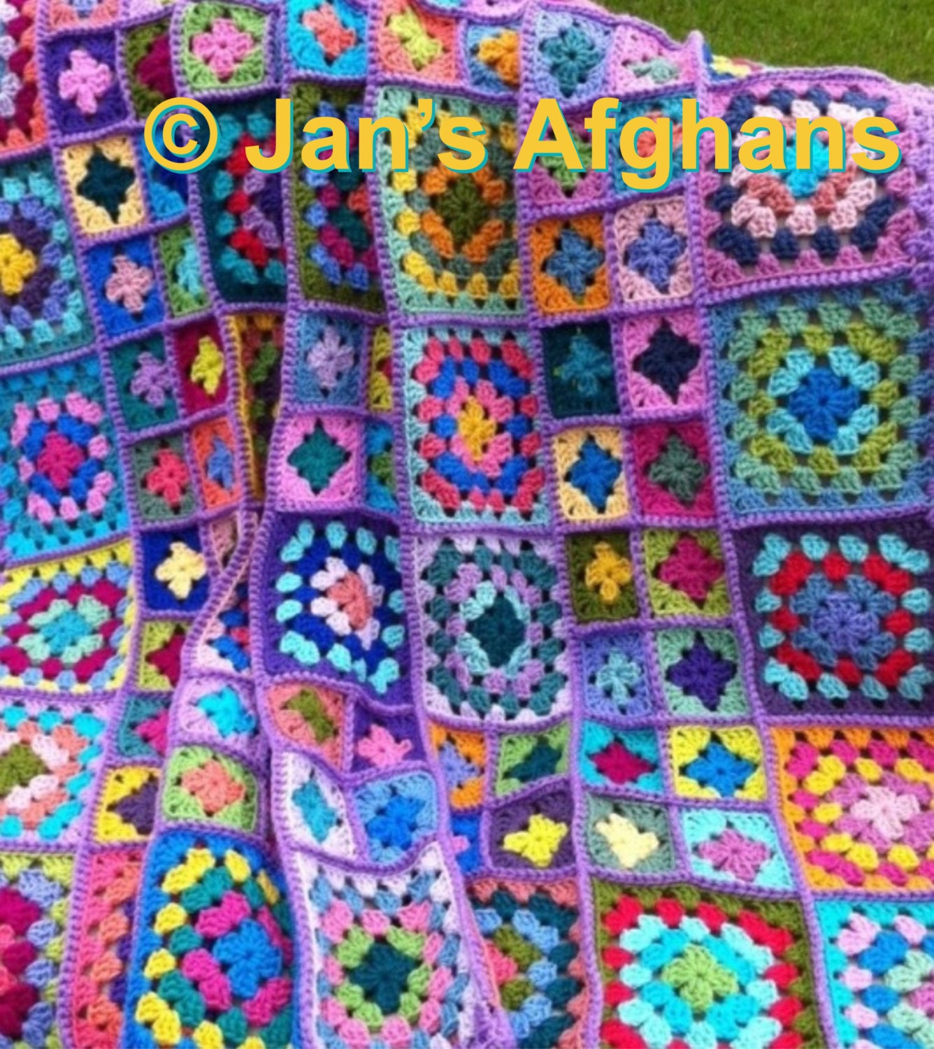 Crocheted afghan kaleidoscope granny squares with lavender border