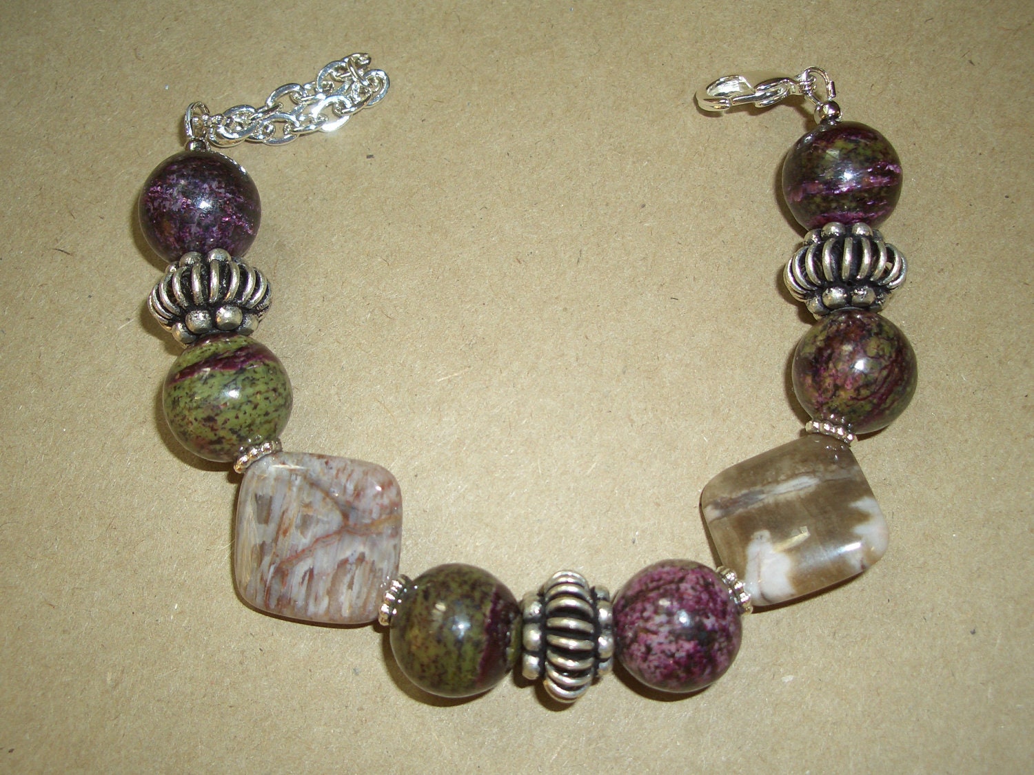 Charoite Amethyst and Jasper Bracelet / Purple and Gray / Chunky Stones / Antique Silver Beads - 7" long - B65