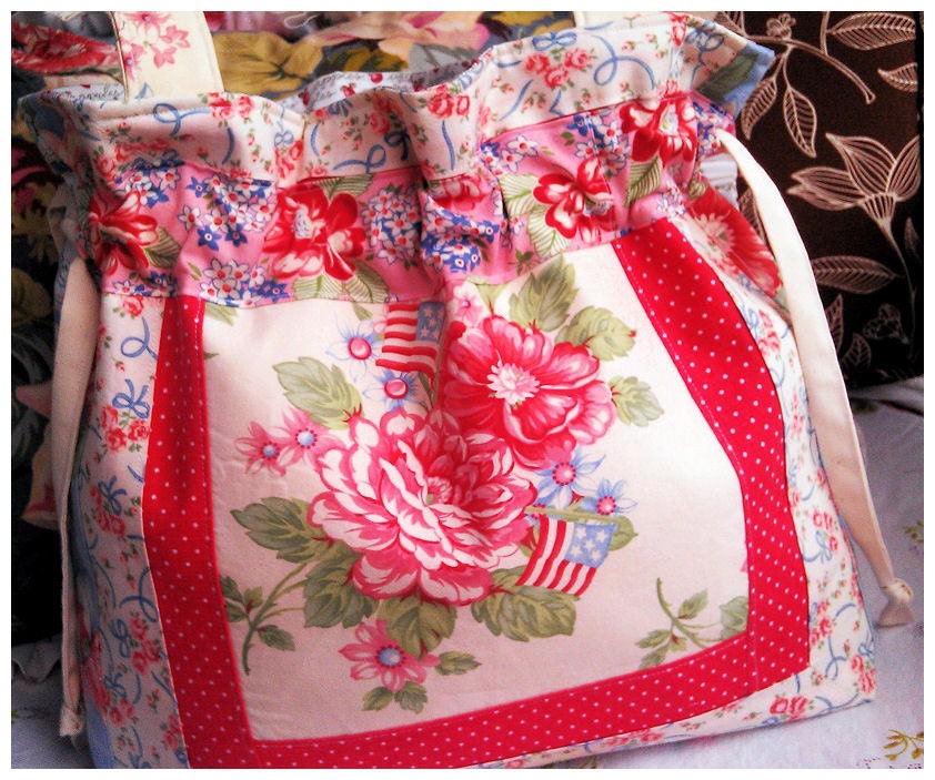 Sweet Cottage Cabbage Roses American flags Feedsack Tablecloth Tote Bag Americana