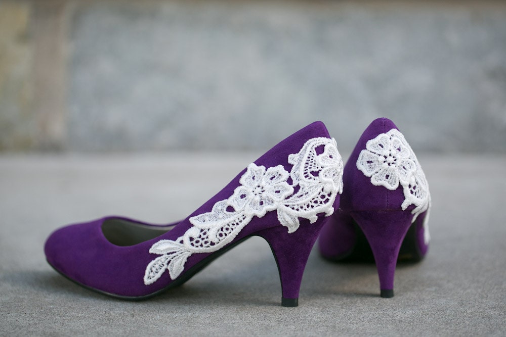 Wedding Shoes - Purple Bridal Heels/Wedding Heels with Ivory Lace. US Size 8.5