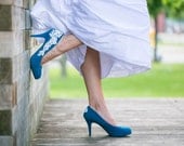 Wedding shoes - Teal Blue Shoes, Teal Wedding Heel with Ivory Lace. US Size 9