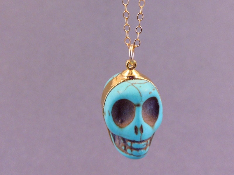 Skull Necklace - Turquoise Skull Pendant edged in 24k gold - Gold fill chain