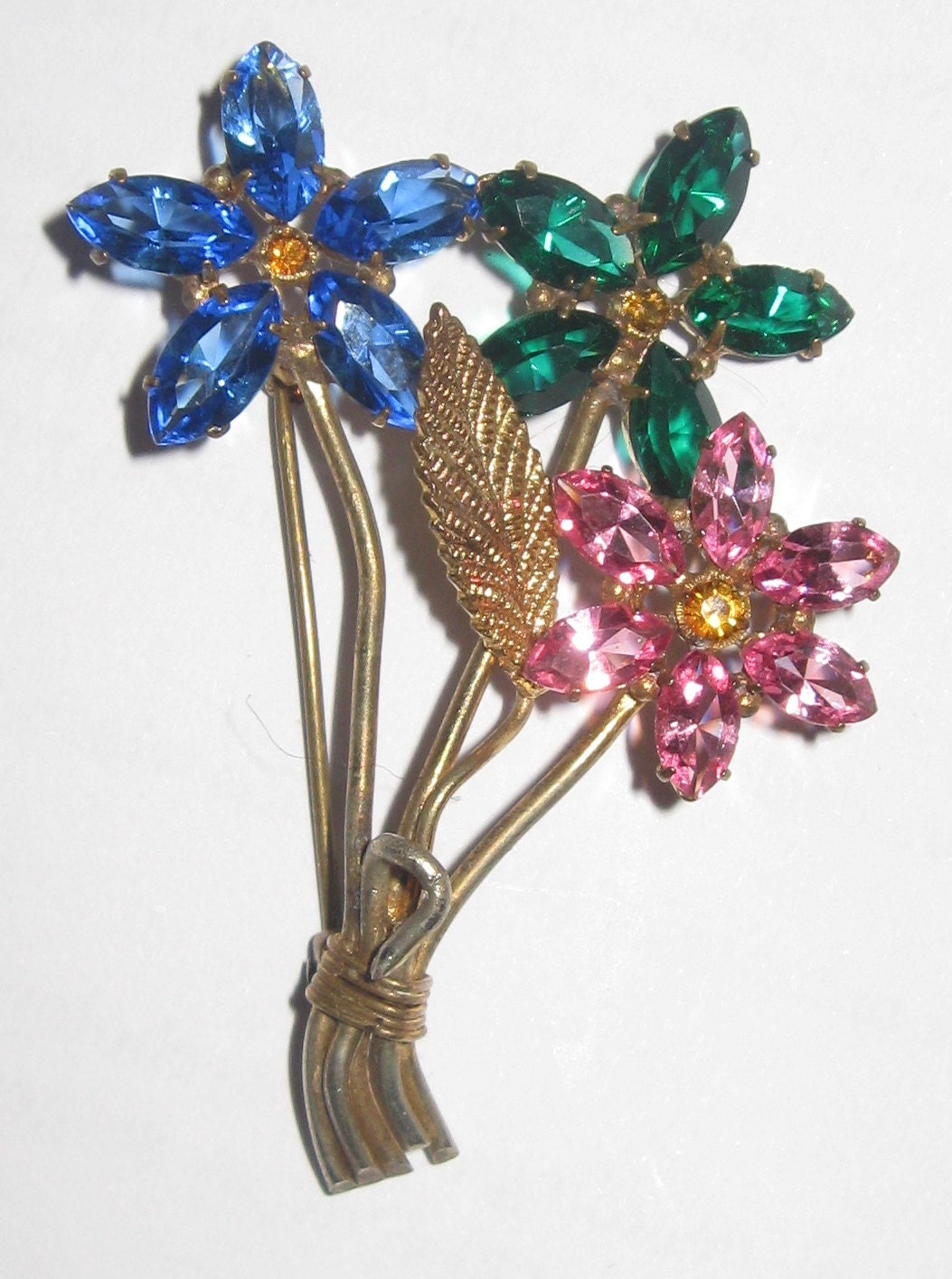 Vintage Pink Green and Blue and Yellow Center Faux Stones Crystal Flower Brooch on Gold Stems circa 1960s