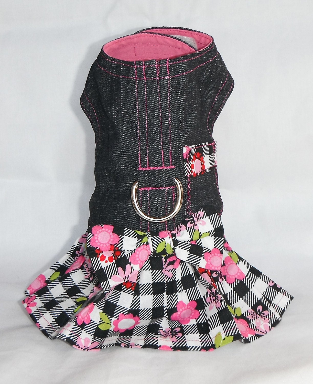 Denim dog harness dress checkerboard/ flower print -  size XXS, XS, S, M (Made to order)