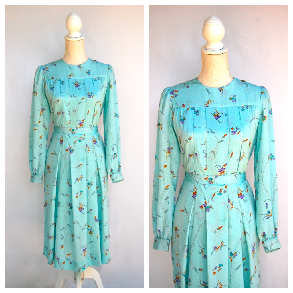 Vintage Light Blue Floral Pleated Dress / Small / Waist Bow Tie / Long Sleeve / Knee Length