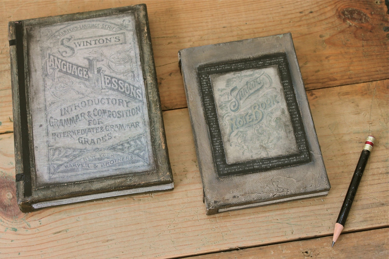 School Books Old Fashioned Set of Two Original Art Mixed Media Decoupage Paintings