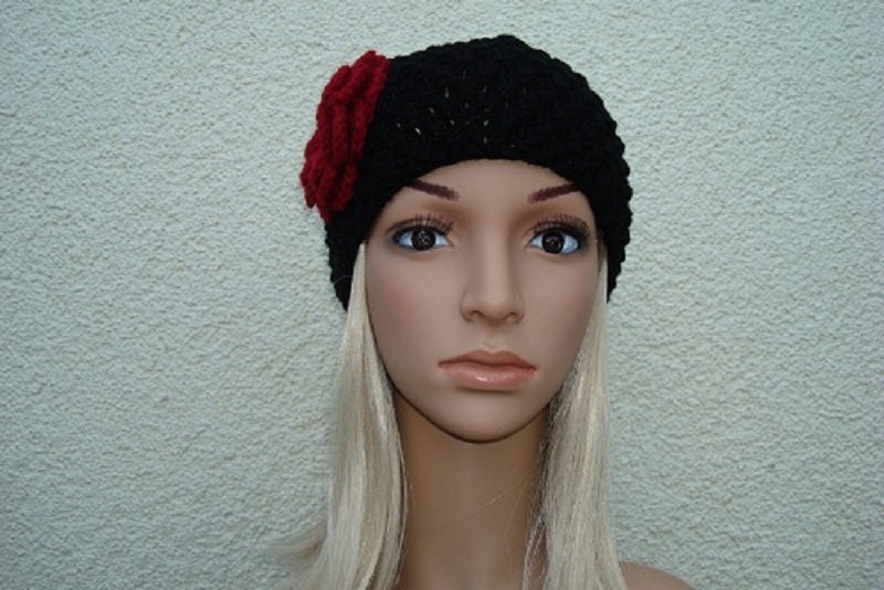 Hand Knit Black Beanie Hat- Women Beanie With Flower-Girls Beanie With Flower- Hand Knitted,