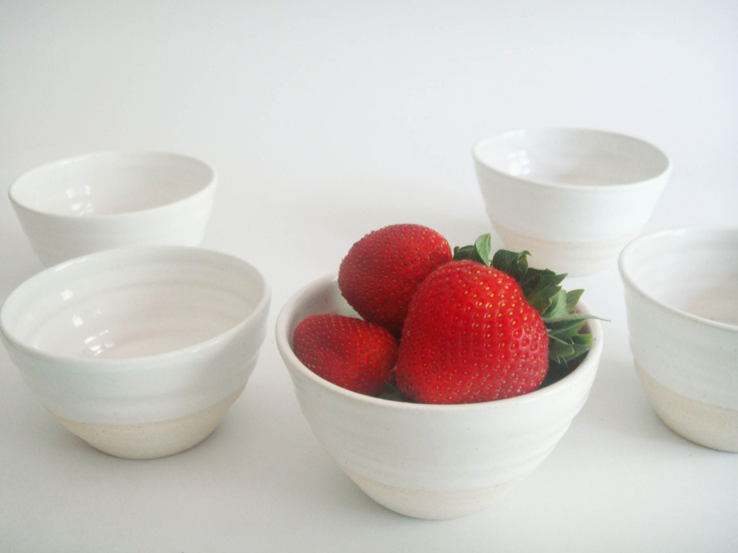 Set of five small pottery prep bowls, white on white dishes for berries or anything