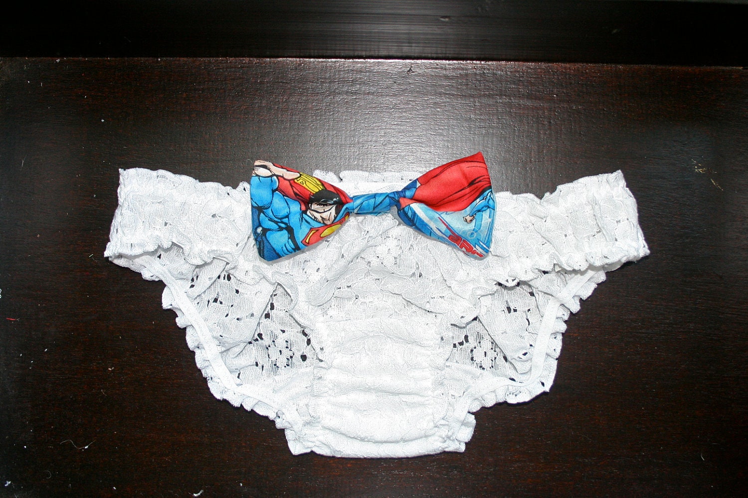 SUPER RUFFLED SUPERMAN Push-Up Set: White Push-Up Bra with Superman Comics Fabric and Matching Bow Panties