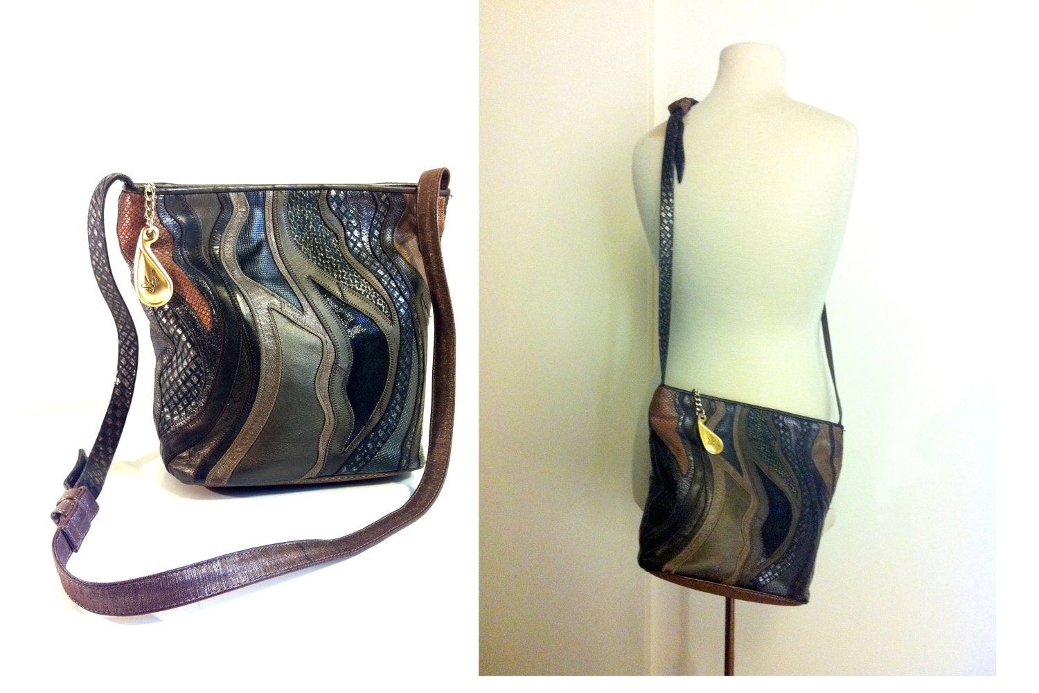 RESERVED FOR PHYLLIS Sharif Tribal Abstract Patchwork Leather Bag - 80s Black Browns Multi-texture