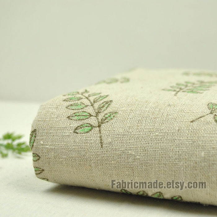 Sale- Natural Linen Fabric Printed With Green Olive Branch Table Clothes Bag Fabric- ZAKKA Fabric by yard 1/2 Yard - fabricmade Sale- Natural Linen Fabric Printed With Green Olive Branch Table Clothes Bag Fabric- ZAKKA Fabric by yard 1/2 Yard - fabricmade