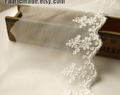 White Embroidery Lace Trim, Bridal Lace, Wedding Lace, Floral Lace, Spun Gold Embroidery - Width 8cm 3 inches Lace by yard One Yard - fabricmade