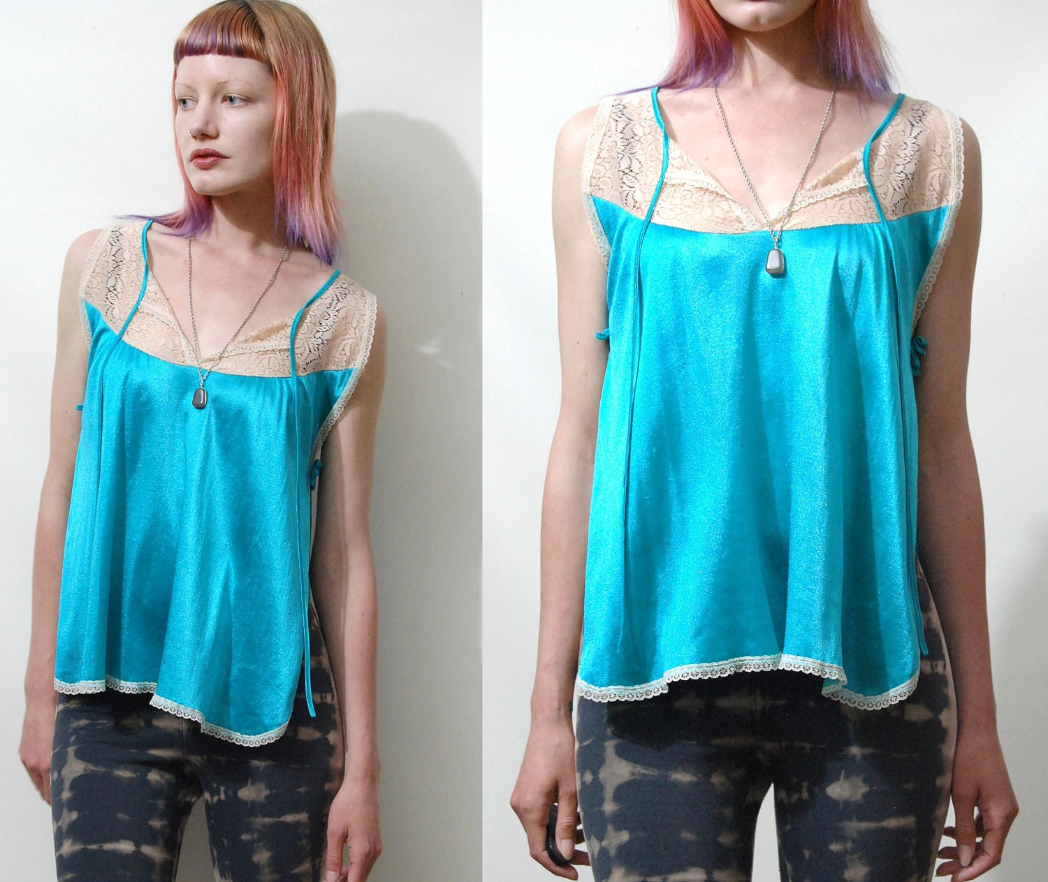 70s Vintage CAMISOLE Top Singlet Lingerie Green/Blue Aqua Satin lace Sea punk grunge vtg blouse xs-m