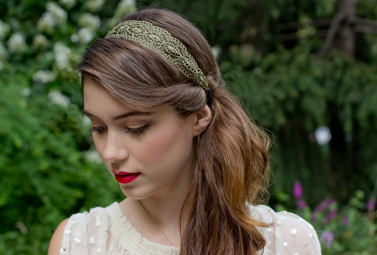 Burnished Gold Metallic Lace Headband Fall Vintage Delicate
