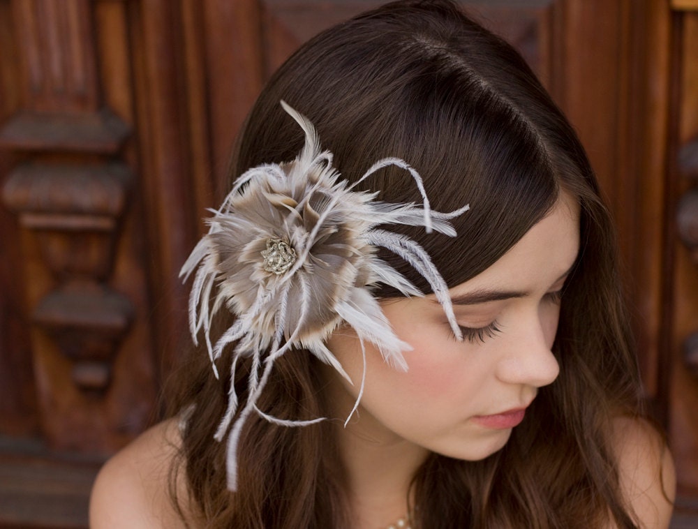 Neutral Gray, Silver Tan Ombre Goose Feather Bridal Fascinator with Flowing Ostrich Feather Accents